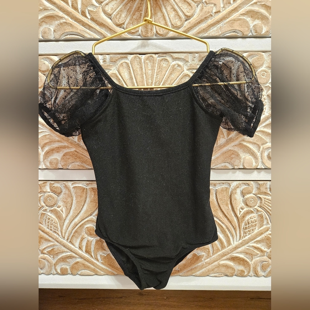 Cheeky Plum Mesh Black Leotard/ Bodysuit with Sheer Polka Dot Puff Sleeves